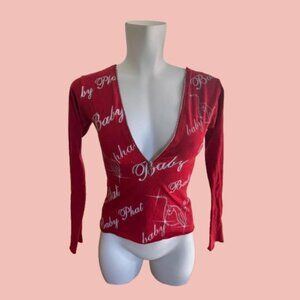 Vintage Y2K Baby Phat Zip Front Top – Deep V Red Long Sleeve